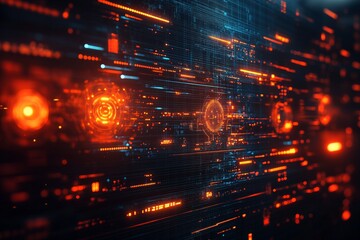 Poster - Dynamic abstract digital artwork showcasing vibrant orange and blue patterns reminiscent of technology and data flow in a futuristic setting