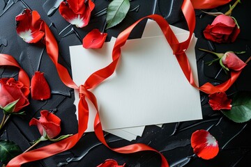 Sticker - Valentine's day themed blank white card and envelope with red roses, ribbon and green leaves on a black textured background