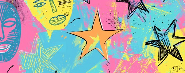 Poster - Vibrant abstract background with stars and faces in a pop art inspired style
