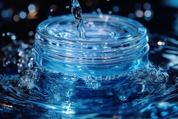 Leinwandbilder - Water splashes around a glass container filled with blue liquid creating dynamic ripples and reflections