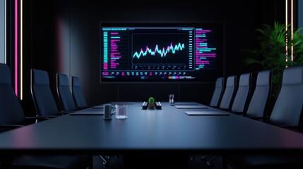 Wall Mural - Futuristic Conference Room with Data Visualization Screens and Modern Chairs in a Dark Setting