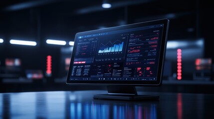 Wall Mural - modern data analytics interface on computer screen in high-tech control room environment