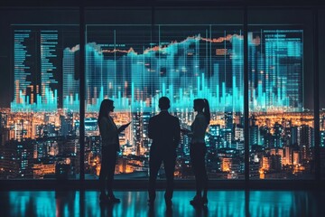 Fototapete - Professionals discuss financial data while overlooking a glowing city skyline at night