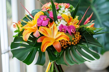 Wall Mural - Vibrant bouquet with lilies, orchids and tropical leaves is perfect for greeting card or wedding invitation