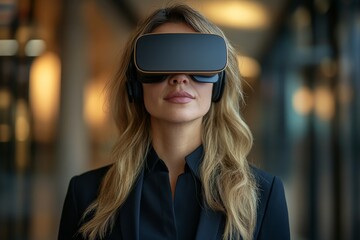 Poster - Woman utilizing virtual reality headset in modern indoor setting during daylight hours