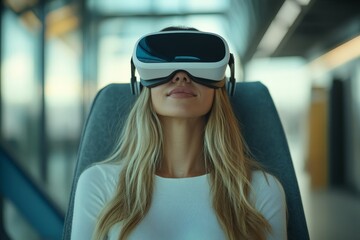 Poster - Woman experiences virtual reality technology indoors at a modern facility during daylight hours