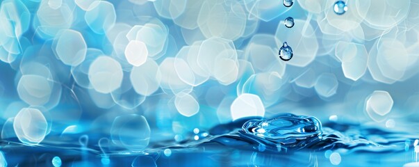 Aufkleber - Blue liquid surface with bokeh effect and splashing water creating ripples