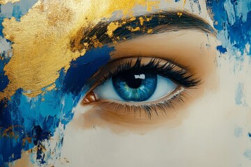Poster - Captivating artistic close-up of a blue eye with abstract golden and blue paint details