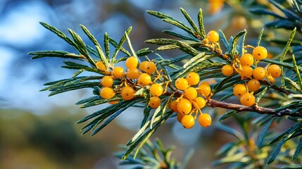 Wall Mural - Vibrant Sea Buckthorn Berries on Branch Closeup