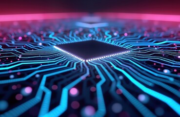 Fototapete - Abstract view of complex tech system. Neon blue lines, circuits. Central processor chip glows. Futuristic digital universe. High-tech cyber background. Complex network of data pathways. Virtual