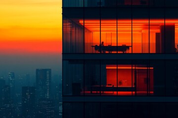 Poster - City skyline at dusk with modern office illuminated in vibrant orange hues during sunset