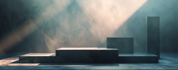Poster - Sunrays lighting concrete podium in dark interior with textured wall