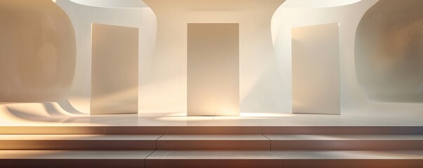 Poster - Three blank vertical banners standing on a shiny floor at the top of a staircase in a white modern interior bathed in sunlight