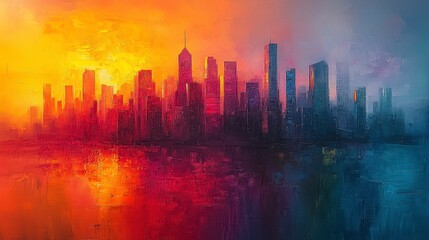 Vibrant city skyline sunset, fiery reflection, urban landscape, art print