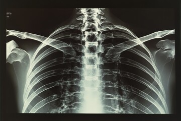Poster - Detailed view of human chest x-ray showing ribs, spine, and shoulder structure in a clinical setting
