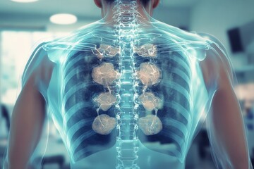 Poster - Medical examination reveals detailed human spine and rib structure with glowing highlights in a clinical setting