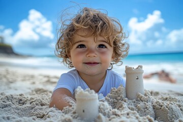 Wall Mural - Child playing on sandy beach, building sandcastles under bright blue sky with fluffy clouds during a sunny day