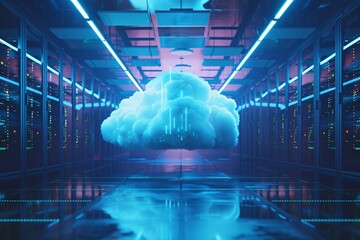 Aufkleber - Blue cloud shining above a modern data center with server racks, representing cloud computing and data storage