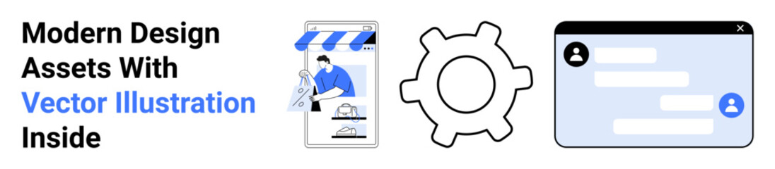 Tablet storefront, gear icon, and chat interface highlight app creation, e-commerce, and user interaction. Ideal for tech design, web apps, e-commerce, UIUX concepts software startups flat landing
