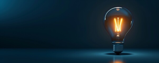 Leinwandbilder - Lightbulb is glowing on a dark blue background, representing ideas, innovation and creativity