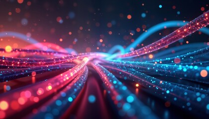 Leinwandbilder - Abstract futuristic design with glowing colorful fiber optic cables. Dynamic lines, dots create vibrant tech background. Elegant, modern visual effect. Perfect for tech concepts, digital