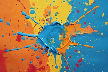 Aufkleber - Vibrant splashes of colorful paint on a background of orange, yellow and blue