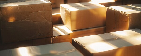 Poster - Cardboard boxes are piled up in a room bathed in warm sunlight