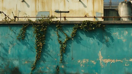 Canvas Print - Vintage Teal Wall with Climbing Ivy Plants, Weathered Texture