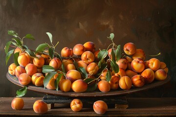 Poster - Abundance of fresh apricots with leaves spilling out of an antique metal scale on a rustic wooden table against a dark background