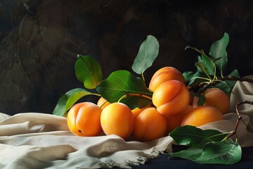 Poster - Branch with freshly picked apricots resting on a linen napkin