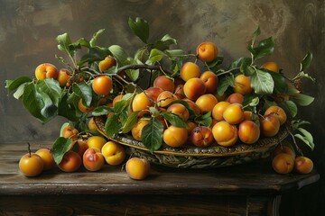 Poster - Apricot branch lying on a plate on a rustic table with a dark background