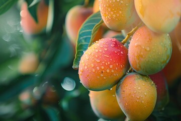 Poster - Ripe, juicy mangoes with water drops, growing on a mango tree in an orchard