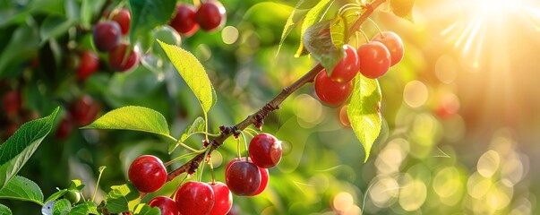 Aufkleber - Ripe red cherries growing on cherry tree branch in orchard on sunny summer day