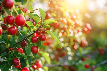 Poster - Sunlit branch with ripe red cherries and lush green leaves