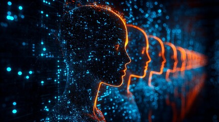 Digital heads forming line, glowing data background, future tech concept