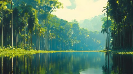 Poster - Serene Tropical Lake Paradise Lush Green Palm Trees Tranquil Nature Scene