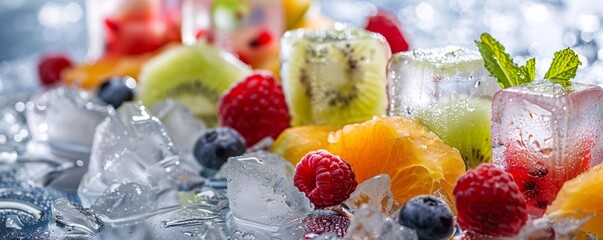 Poster - Assorted kiwi fruit, oranges, raspberries, and blueberries on ice cubes, creating a refreshing backdrop