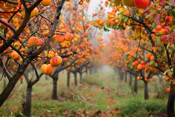 Aufkleber - Autumn orchard with apple trees bearing ripe, vibrant fruits on their branches