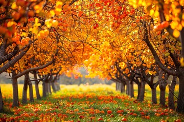 Aufkleber - Scenic autumn orchard with a blanket of orange leaves on a sunny day
