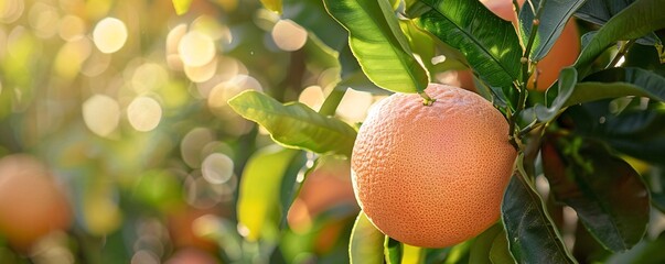 Poster - Ripe pink grapefruit hanging from tree branch in sunlit citrus grove