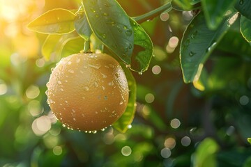 Aufkleber - Ripe orange with water drops hanging from branch in morning sun, ready for harvest