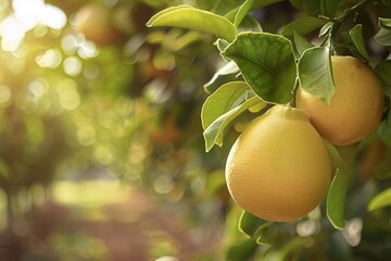 Poster - Sun-kissed yellow grapefruits ripening on a tree in a sunny orchard