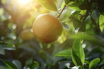 Aufkleber - Orange ripens on a tree branch in an orchard, bathed in the golden light of the setting sun