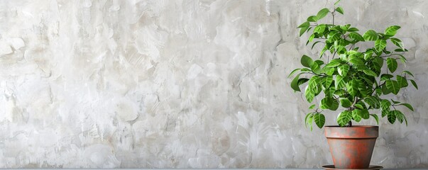 Poster - Thriving green houseplant in a terracotta pot set against a textured wall backdrop