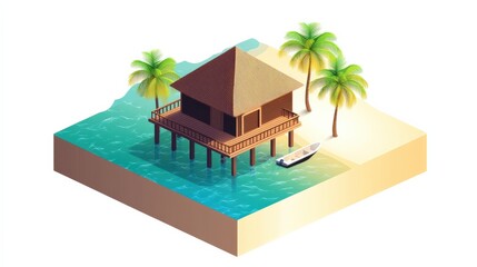 Sticker - Tropical beach scene featuring a wooden hut on stilts surrounded by palm trees and clear water