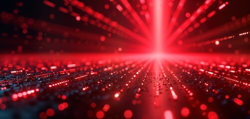Fototapete - Abstract digital red matrix background shows futuristic tech patterns. Red lines, dots form intricate network. Image creates sense of speed, innovation. Abstract design, glowing red tones suggest