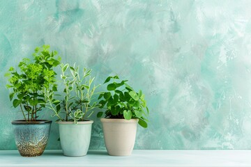 Poster - Three potted plants are sitting on a table against a textured wall with copy space