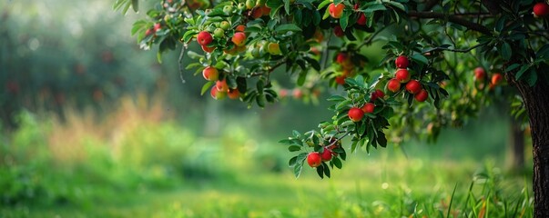 Aufkleber - Orchard full of ripe red apples growing on the branches of an apple tree
