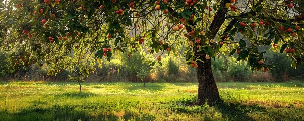 Aufkleber - Big apple tree full of fruits growing in green orchard on sunny day