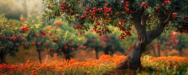 Aufkleber - Sunset at the orchard: ripe apples on apple tree branch with orange flowers in the foreground